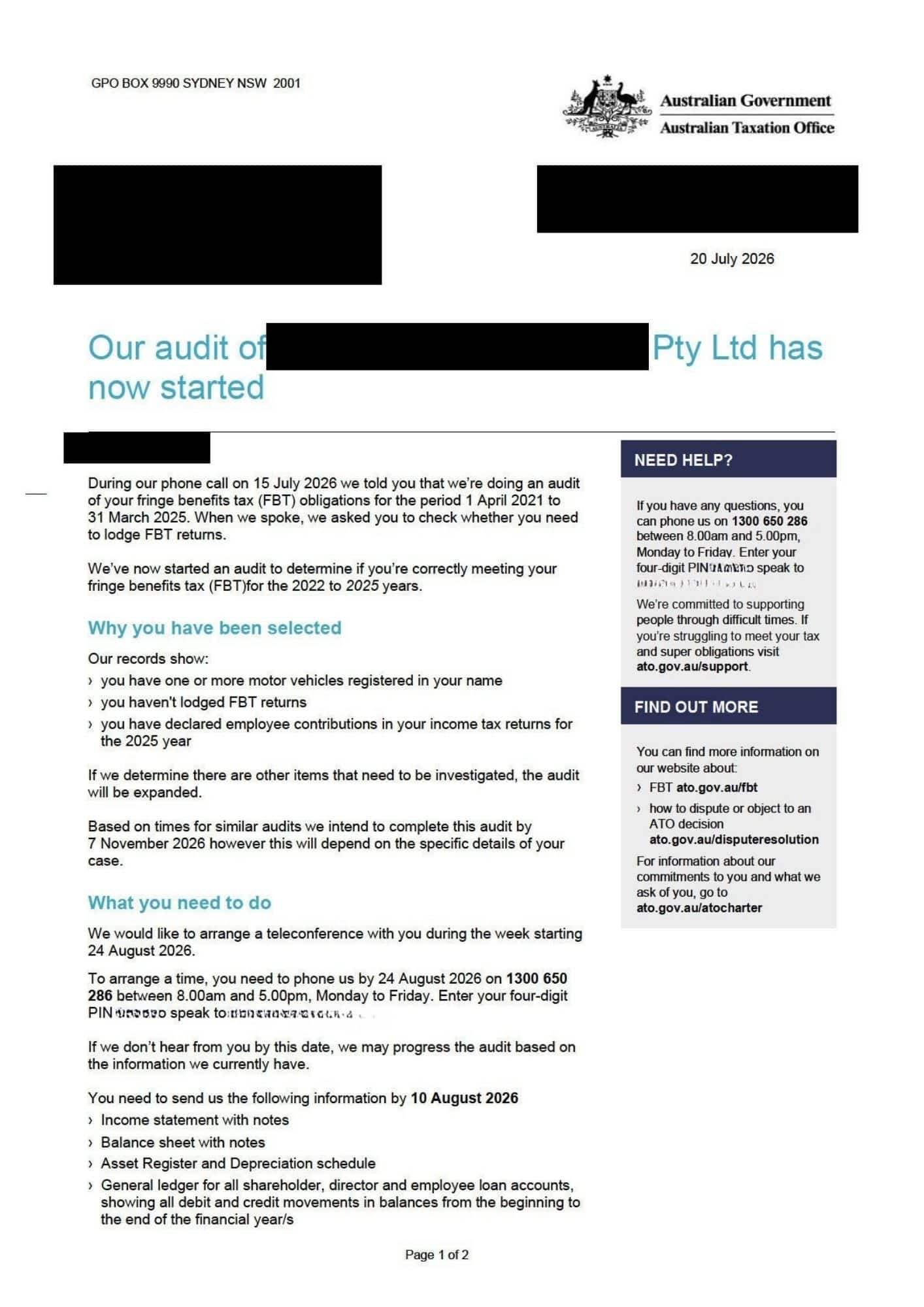 ATO FBT Audit letter cars ATO FBT Audit letter cars